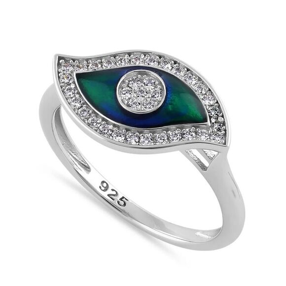 Sterling Silver Hand-Painted Multi-Colored Evil Eye with Clear CZ Ring New - Picture 1 of 4
